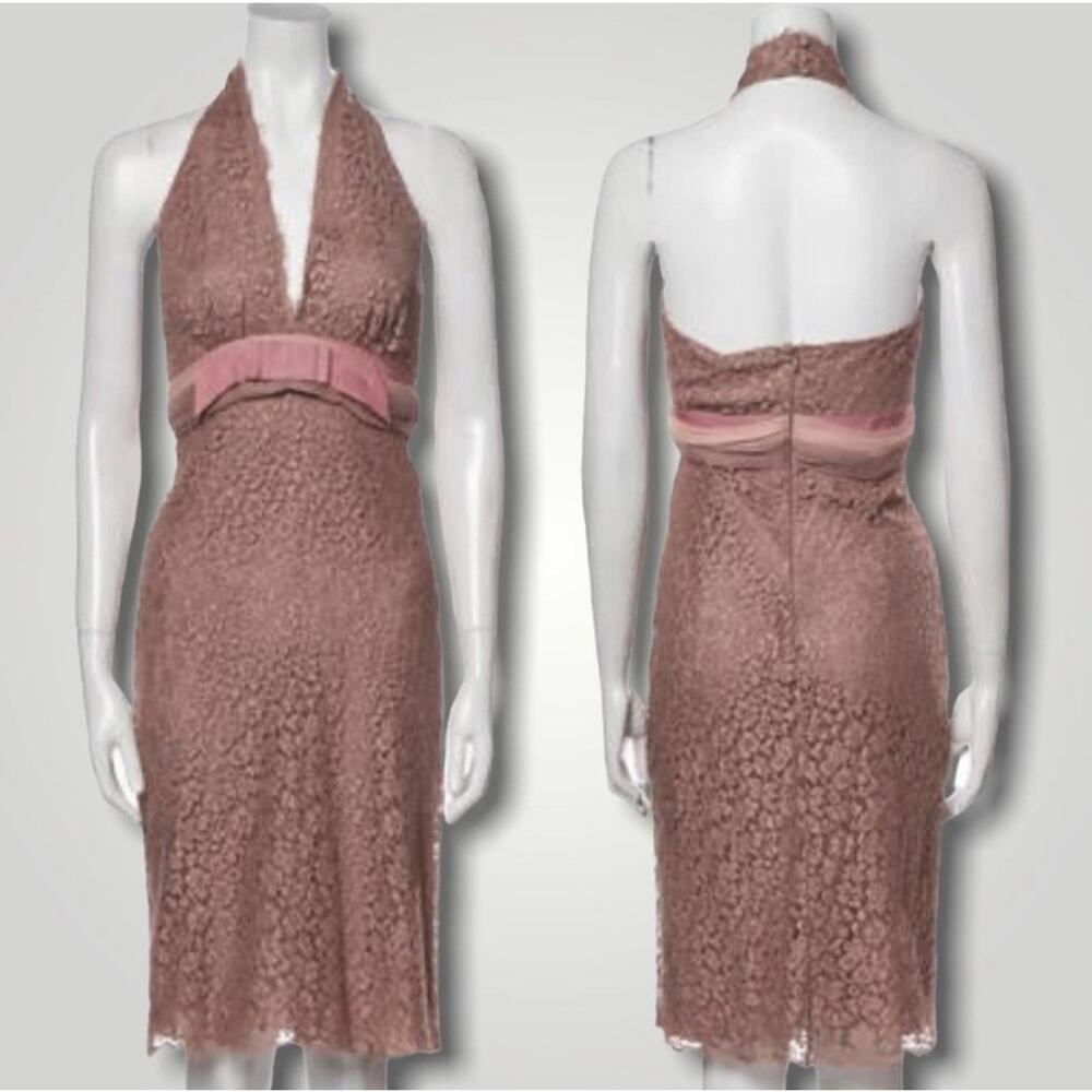 COLLETTE DINNIGAN BOHO LACE HALTER BOW DRESS MAUVE PINK SMALL